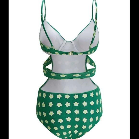 Green Floral Front Tie One Piece Swimsuit - Picture 3 of 5